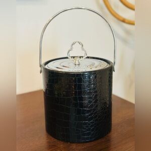 Vintage MCM Black Faux Croc-Embossed Ice Bucket with Silver Handle Irvinware USA